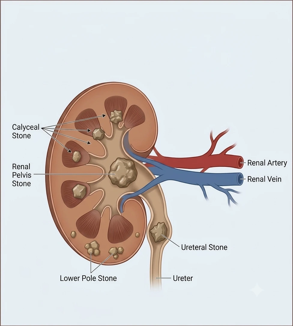 Labelled medical illustration of a kidney stone in each common position: calyceal stones, a renal pelvis stone, lower pole stones and a ureteral stone in the ureter, with the renal artery and renal vein